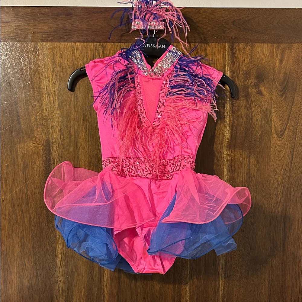 Weissman Hot Pink and Royal Blue Feathered Dance Costume